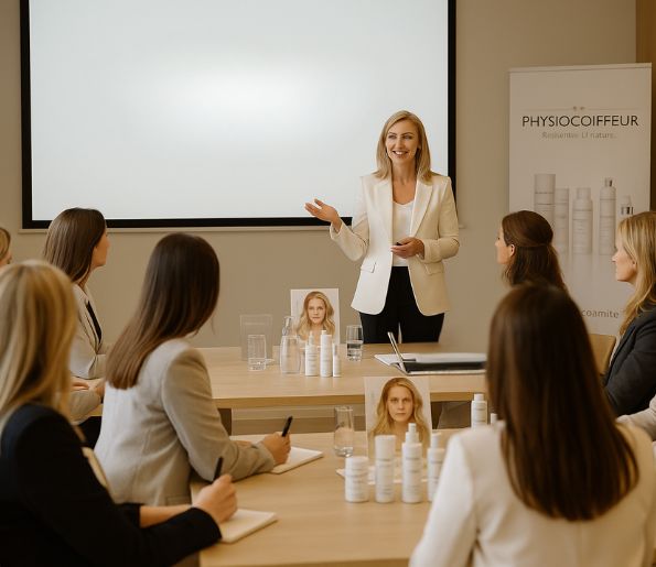 Profesjonalne wydarzenie z zakresu trychologii i kosmetologii, prowadzone przez specjalistkę. Uczestnicy słuchają, robią notatki.
