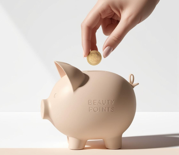 Ręka wrzucająca złotą monetę do pastelowej skarbonki z napisem Beauty Points – ilustracja programu lojalnościowego Trychobeauty