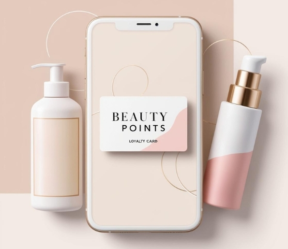 Karta lojalnościowa Beauty Points na ekranie smartfona, otoczona kosmetykami do pielęgnacji skóry – wizualizacja programu lojalnościowego Trychobeauty